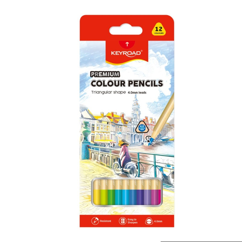 Set 12 creioane colorate Keyroad,triunghiulare,mina 4mm