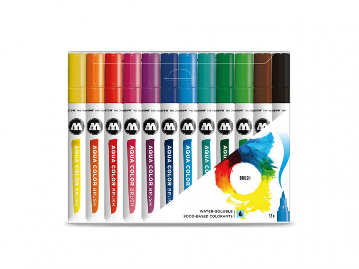 Set 12 makere colorate cu varf tip pensula,Aqua Color Brush Basic