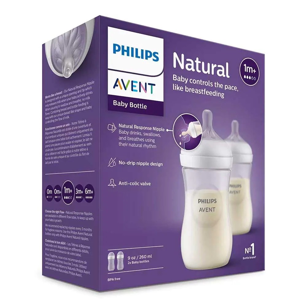 Set 2 biberoane cu tetina silicon Avent Natural Response 260 ml 1 luna + - poza 5