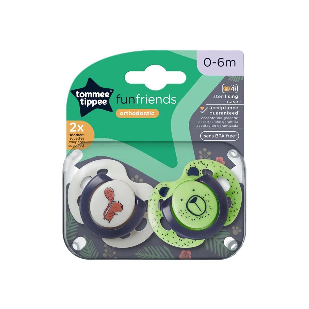 Set 2 suzete silicon ortodontice Tommee Tippee Fun Friends 0-6 luni Green bear, White Squirell - poza 2
