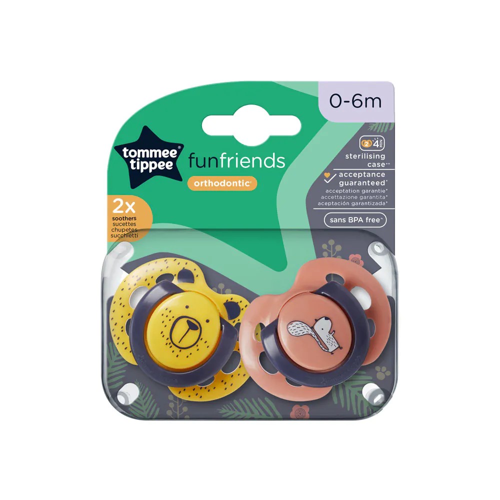 Set 2 suzete silicon ortodontice Tommee Tippee Fun Friends 0-6 luni Yellow Bear, Green Squirell - poza 2