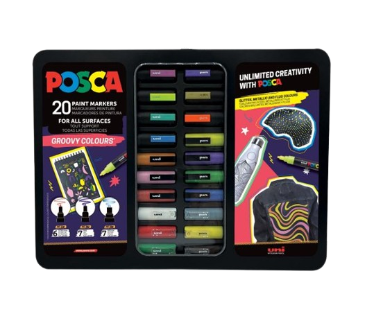 Set 20 Markere POSCA Groovy Colours , Editie Limitata cu 3 Varfuri si Cutie Metalica