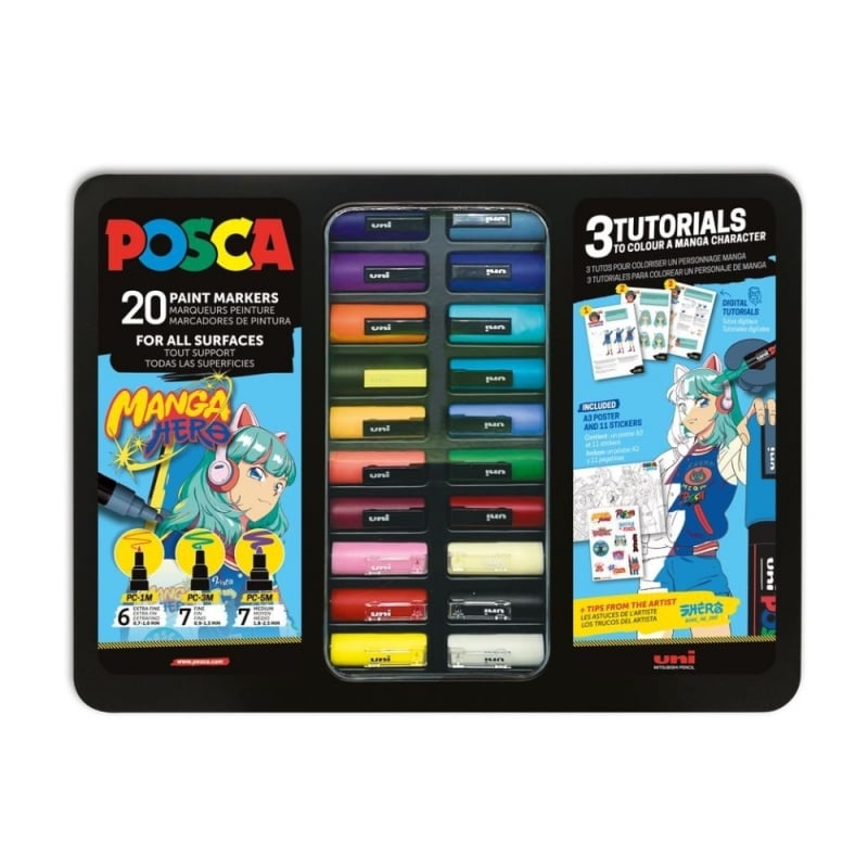 Set 20 Markere POSCA Manga Hero, Editie Limitata cu 3 Tipuri de Varfuri si Cutie Metalica