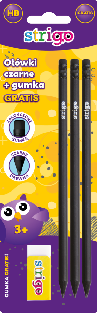 Set 3 creioane HB cu guma de sters alba, blister
