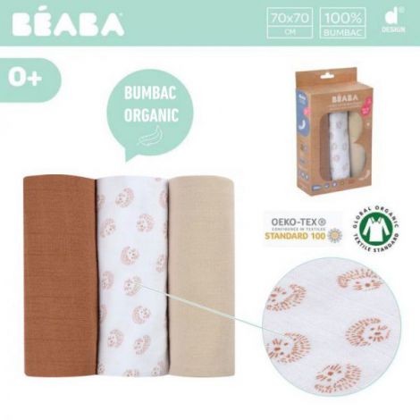 Set 3 Museline Beaba bumbac organic 70x70 cm Herisson Marron - poza 2