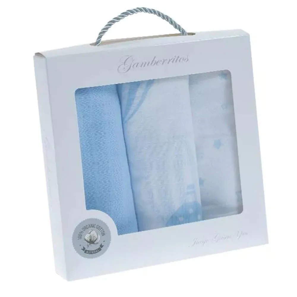 Set 3 scutece muselina Gamberritos 70x70 cm albastre