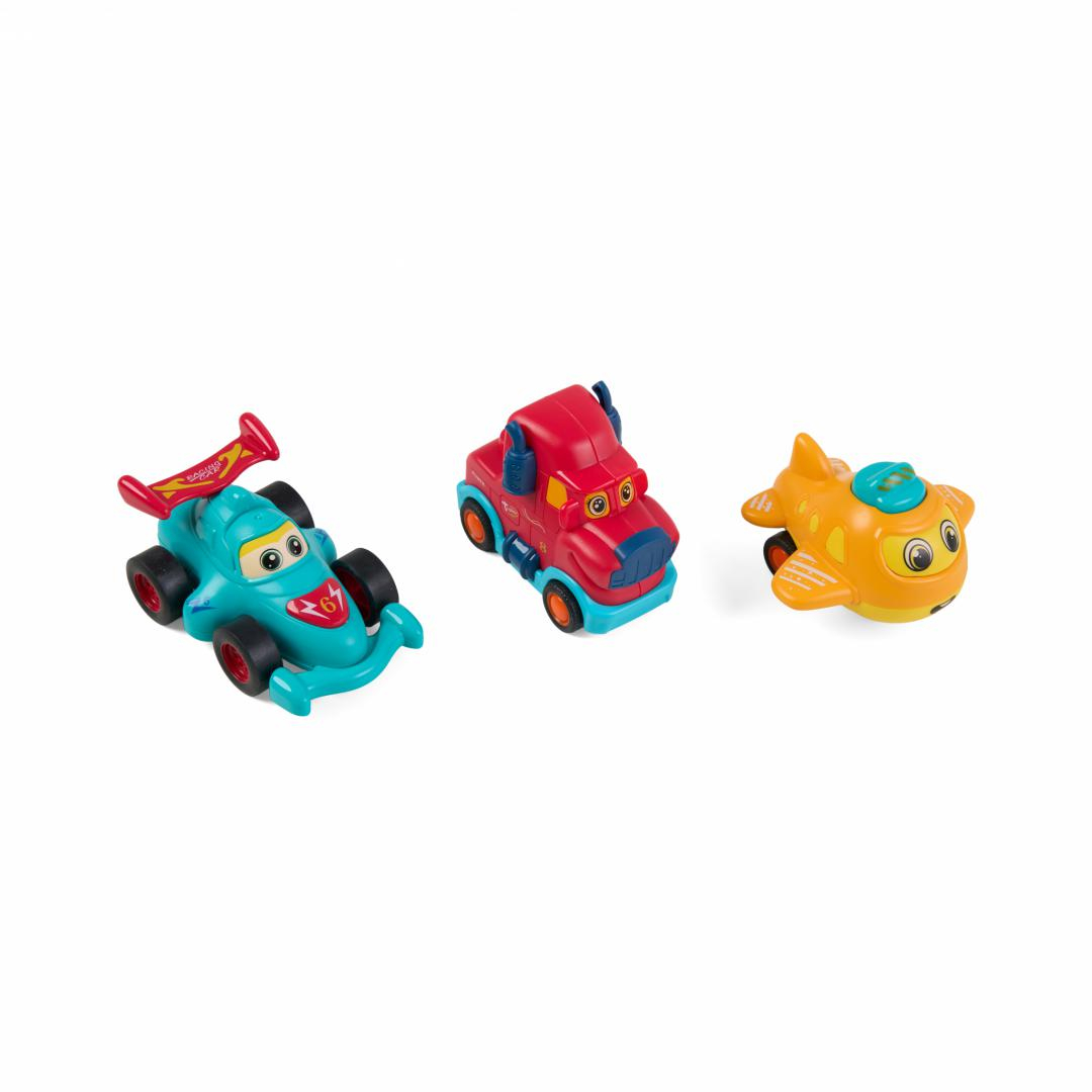 SET 3 VEHICULE ACTIONATE PRIN INERTIE- CAMION ROSU, MASINA DE CURSE ALBASTRA, AVION GALBEN,MOMKI
