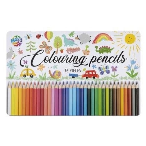 Set 36 creioane colorate in cutie metalica, Moxy