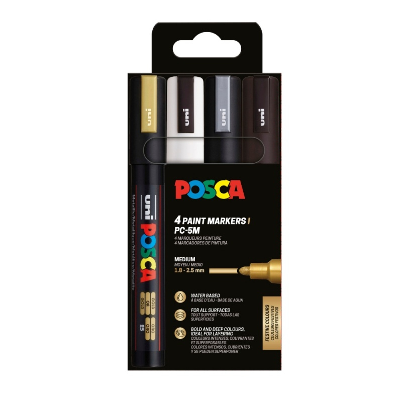 Set 4 markere UNI Posca PC-5M, varf rotund 1.8, 2.5 mm , negru, argintiu, auriu, alb