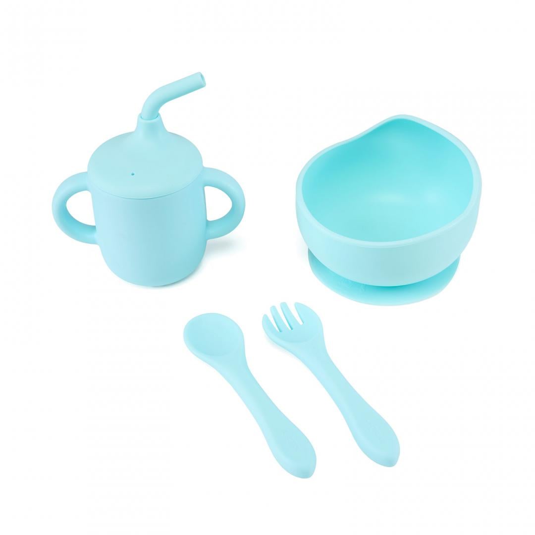 Set 4 piese diversificare din silicon: Cana cu pai, bol , lingurita si furculita, blue, U-Grow