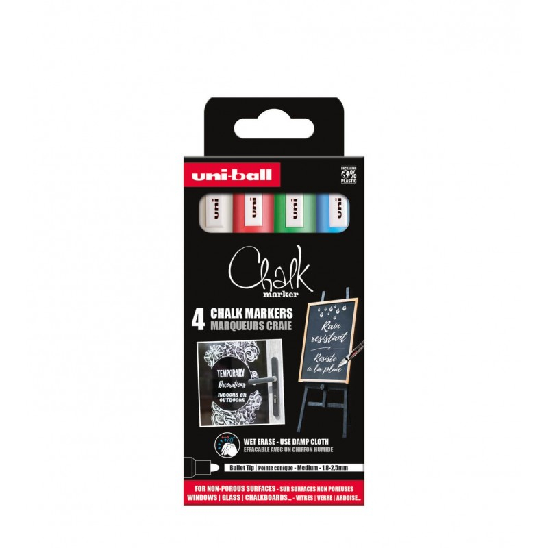 Set 4x Markere cu creta lichida UNI Chalk PWE-5M ASSF15, 1.8, 2.5 mm (albastru, verde, rosu, alb)