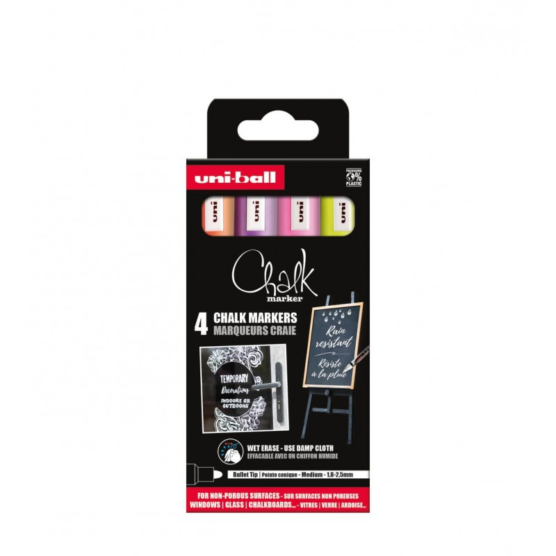 Set 4x Markere cu creta lichida UNI Chalk PWE-5M ASSF16, 1.8, 2.5 mm (galben, roz, violet, portocaliu)