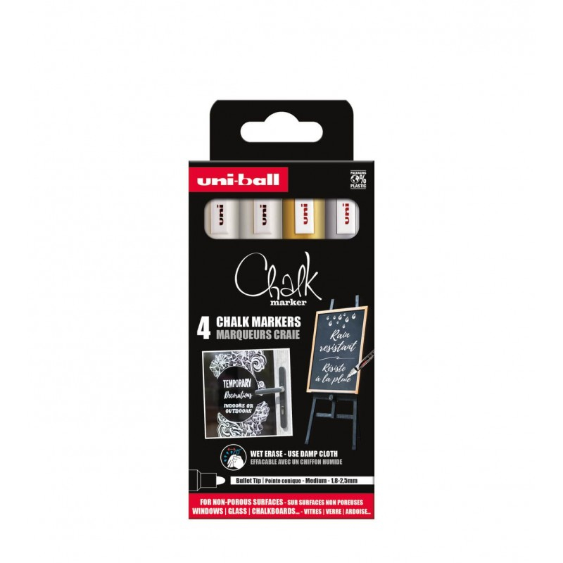 Set 4x Markere cu creta lichida UNI Chalk PWE-5M ASSF46, 1.8, 2.5 mm (alb, auriu, argintiu)