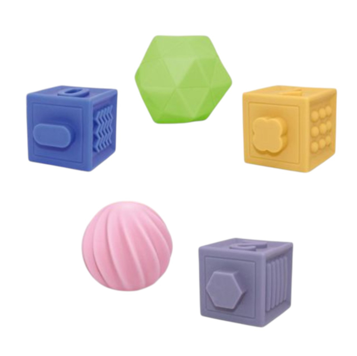 Set 5 cuburi si mingiute senzoriale pentru bebelusi