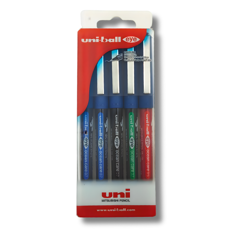 Set 5 Rollere Uni-ball Eye Ocean Care UB-157, 0.7mm, cu capac, 75% din materiale reciclate din care 10% deseuri din oceane