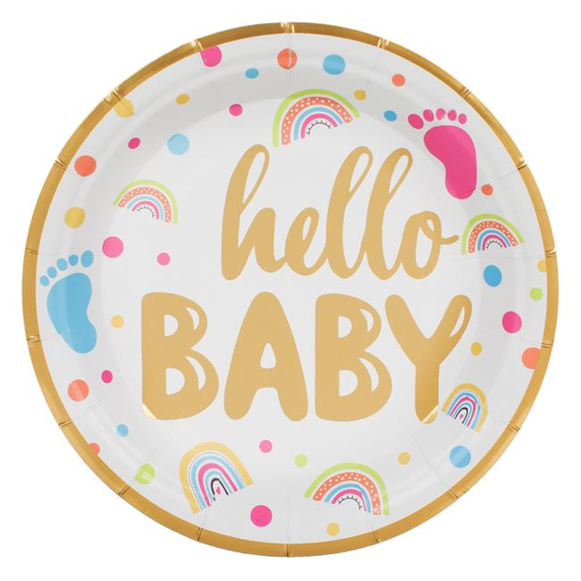 Set 6 Farfurii din Carton pentru Petrecere, cu mesajul Hello baby - 23 cm