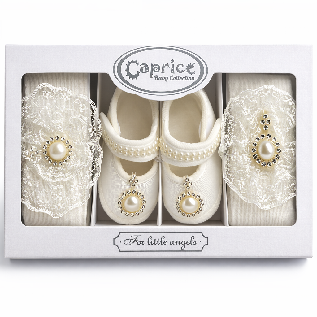 Set Alb Fetițe 3 Piese – Botoșei, Bentiță și Dresuri Elegante - Modelul Cerc - poza 1