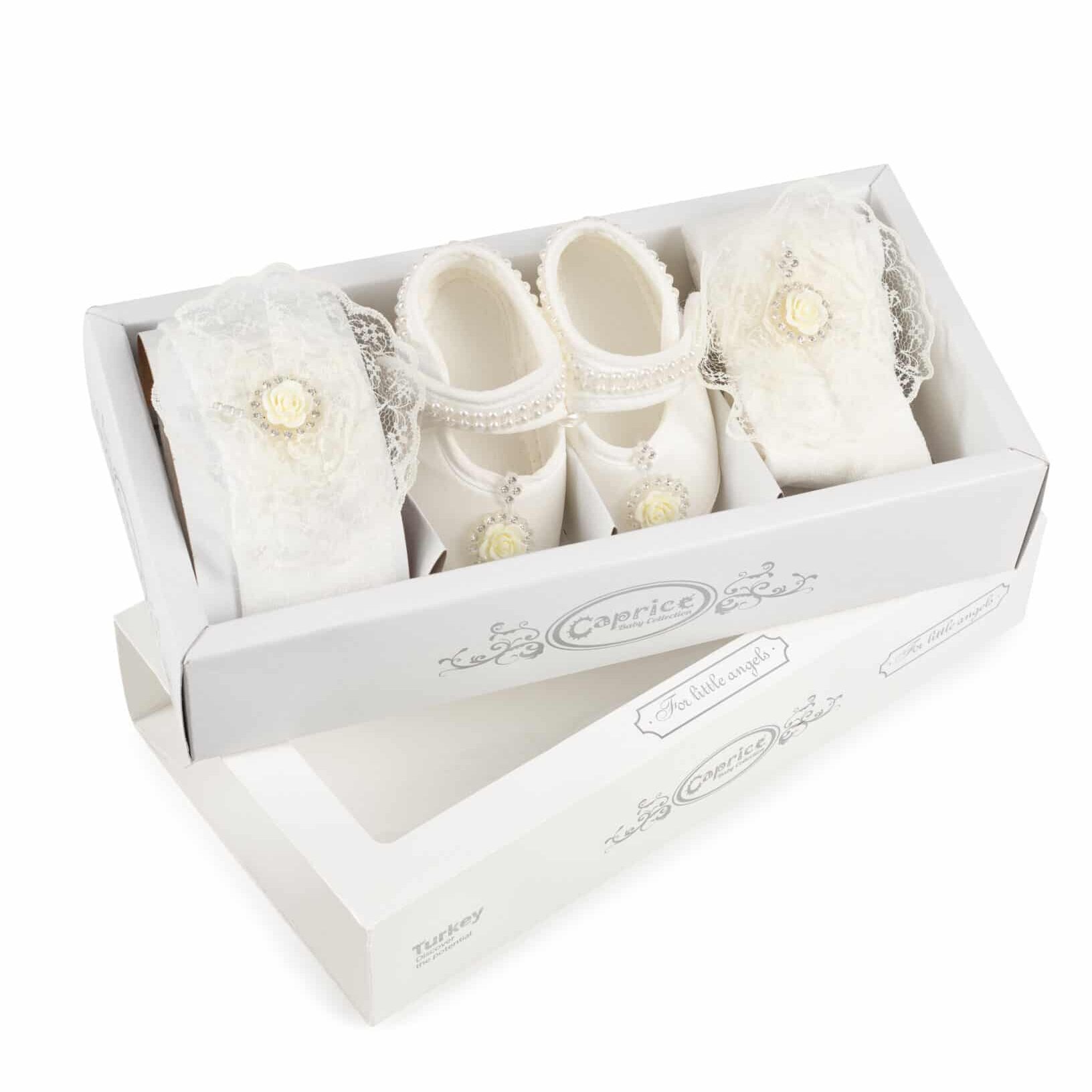 Set Alb Fetițe 3 Piese – Botoșei, Bentiță și Dresuri Elegante - Modelul Rose - poza 1