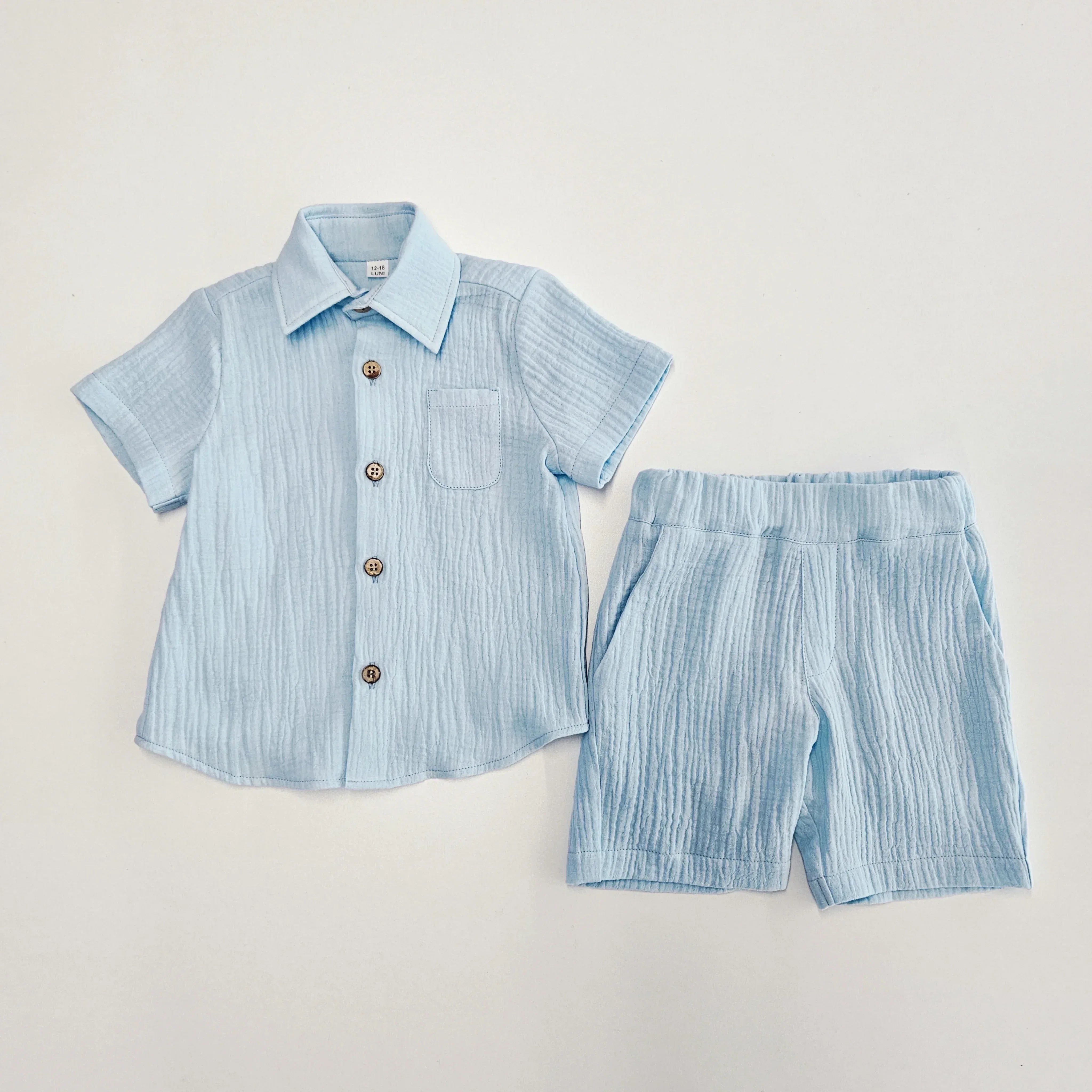 Set baieti albastru camasa cu pantaloni scurti din muselina - 86