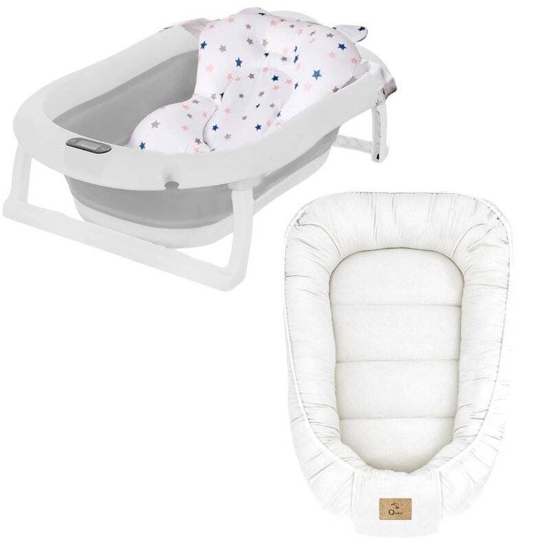 Set cadita pliabila Genua Premium, cu termometru, dop si suport anatomic, Gri si cosulet bebelus, Qmini, 55 x 75 cm, Husa 100% muselina dubla, Cream