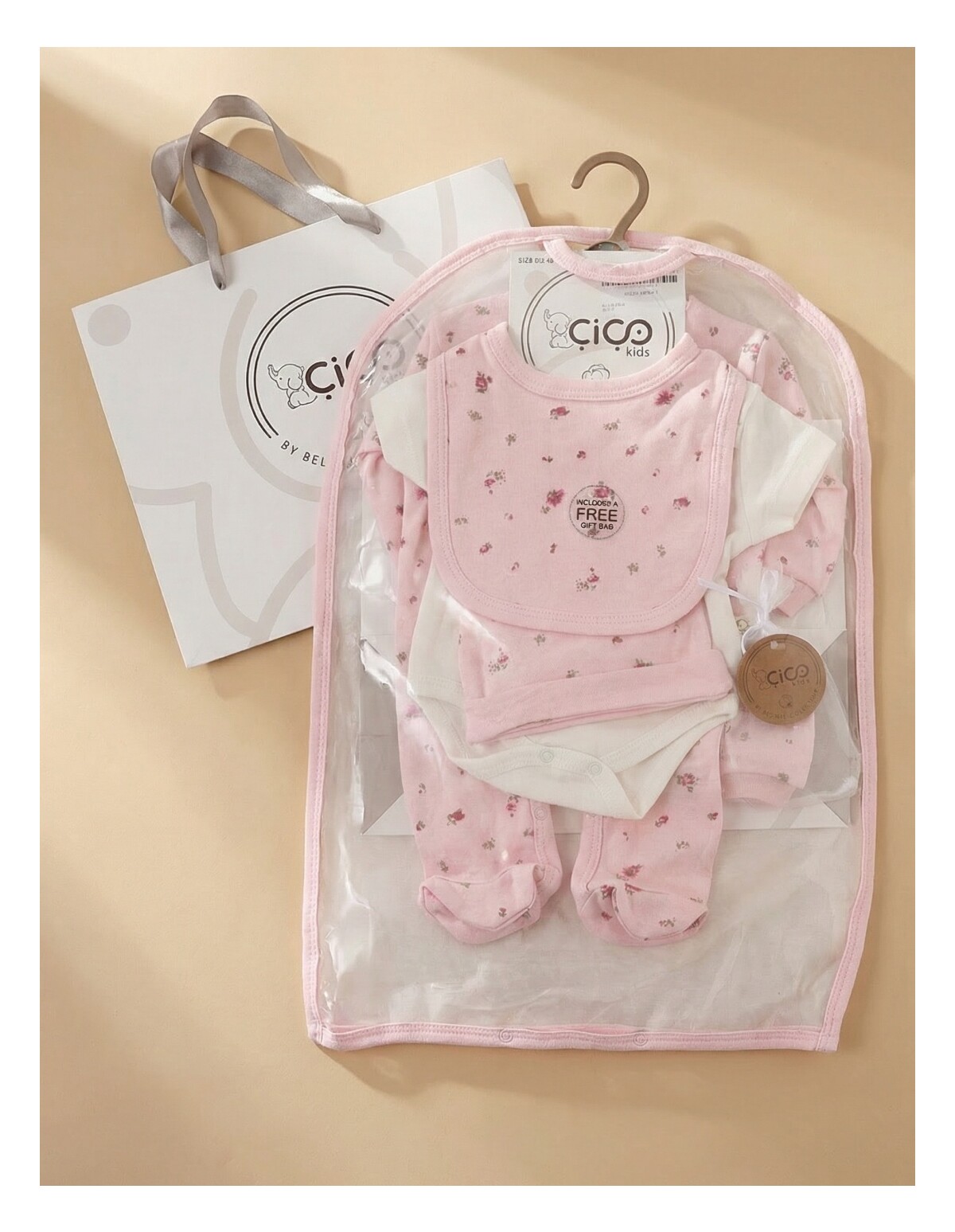 Set cadou 5 piese, imprimeu floricele, roz