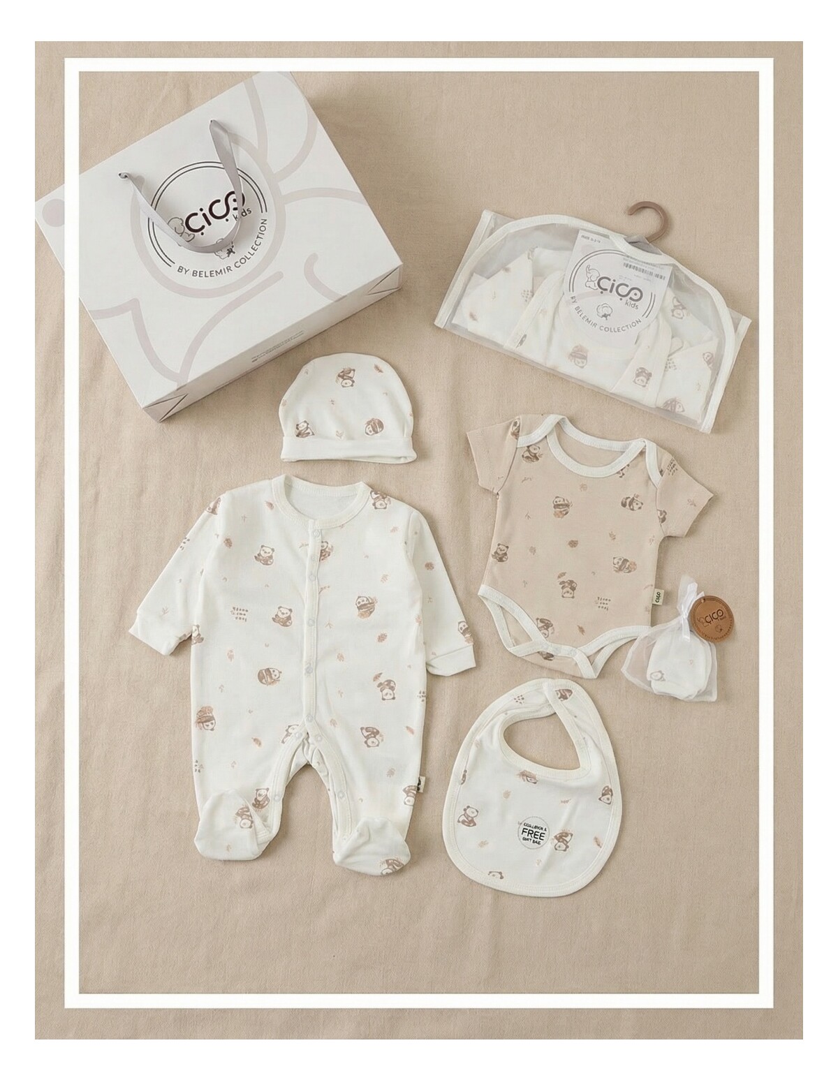 Set cadou 5 piese, imprimeu panda, alb