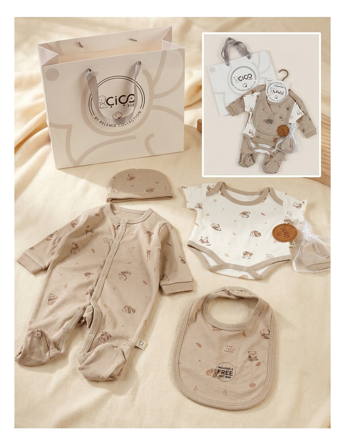 Set cadou 5 piese, imprimeu panda, bej