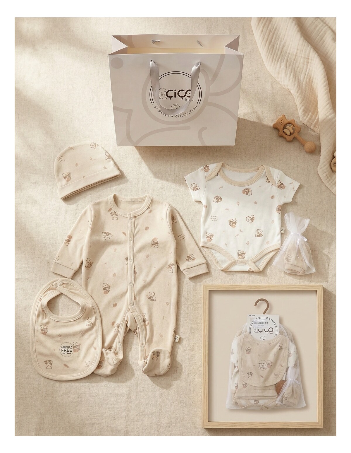 Set cadou 5 piese, imprimeu panda, crem