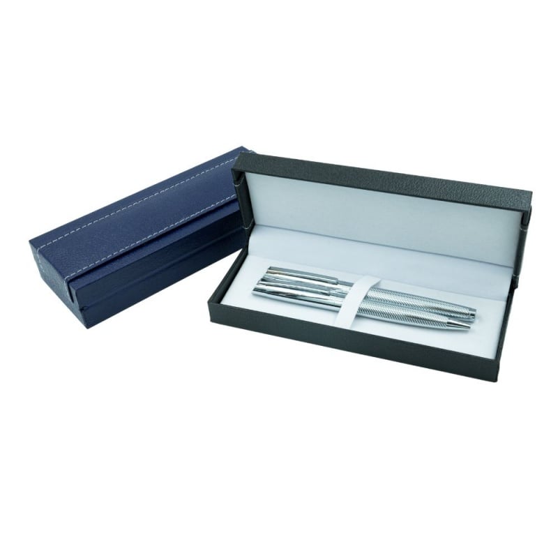 Set cadou stilou si pix Office Cover, metalic, argintiu cu striatii, in cutie cu clapeta