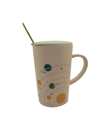 Set cana cu capac si lingurita, Design Planete, Multicolor, 300 ml, Ceramica