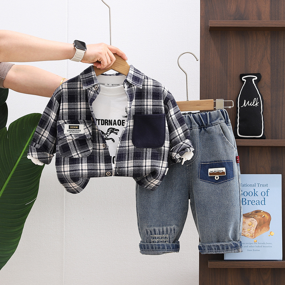 Set Casual Băieți 3 Piese – Cămașă, Tricou Imprimeu și Jeansi cu Elastic - 18-24 luni - poza 1