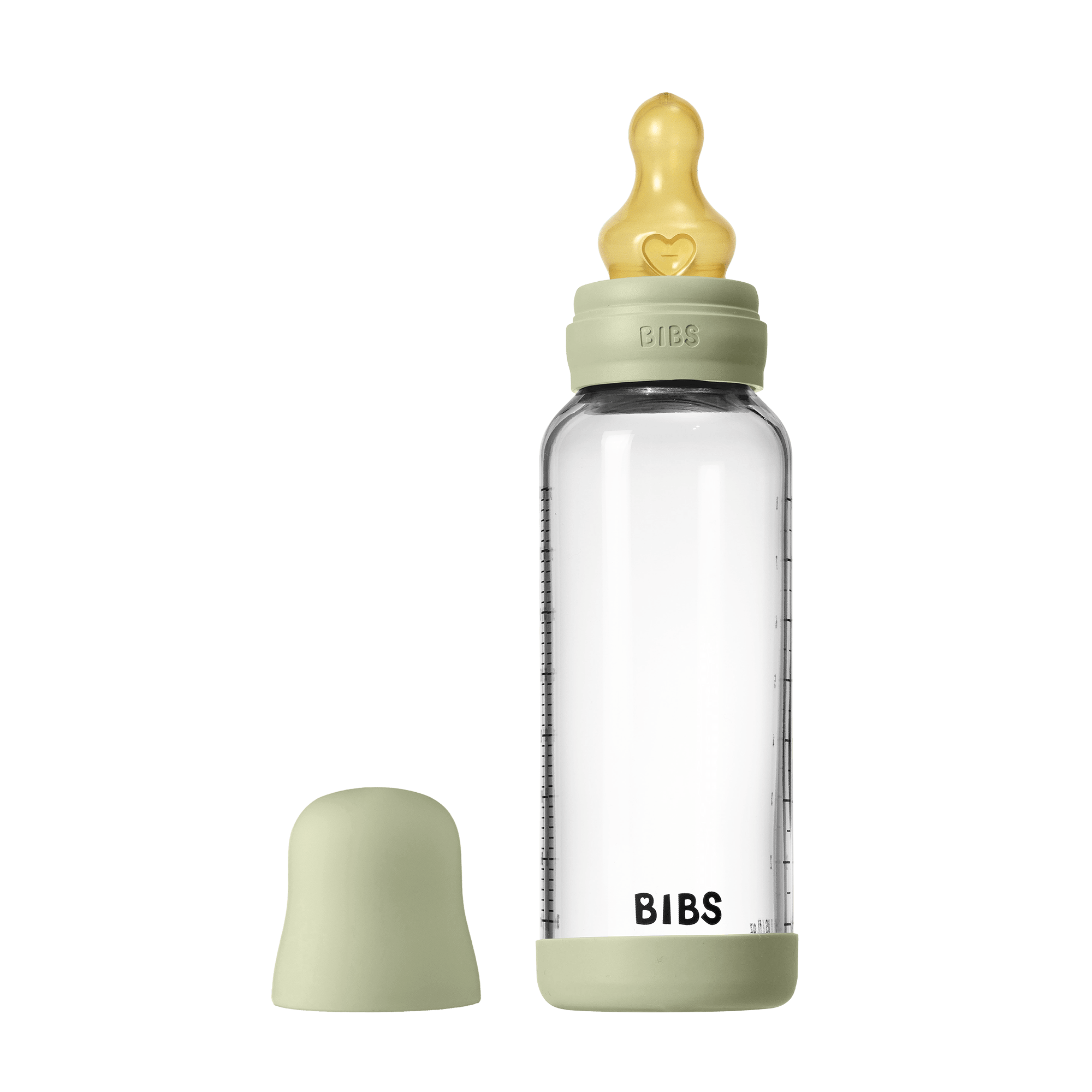 Set complet biberon BIBS din sticla anticolici cu tetina din latex, flux mediu, 240 ml, Sage