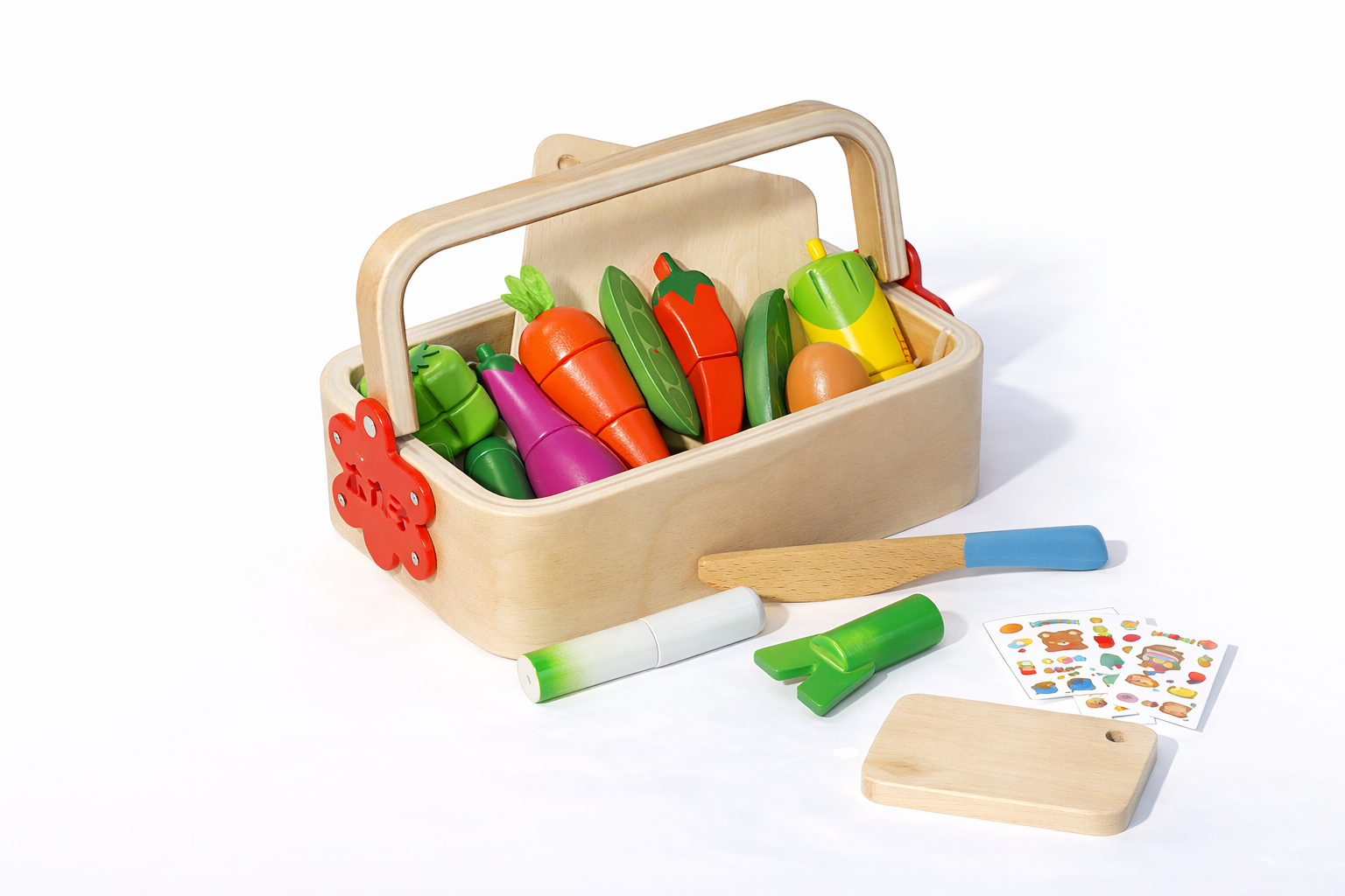 Set cos cu tocator si legume - jucarie din lemn cu stickere