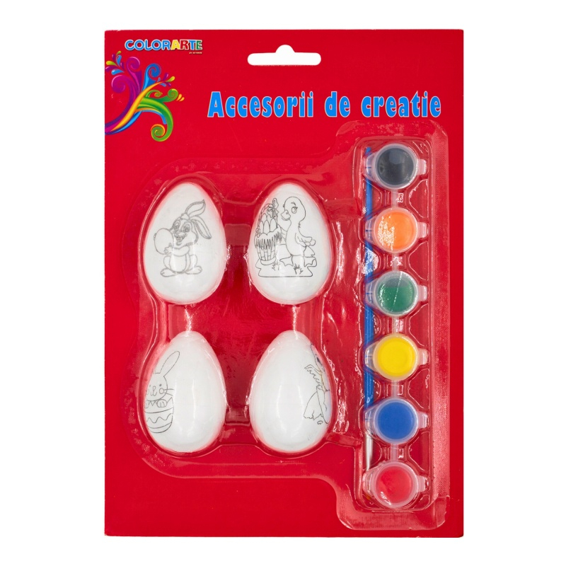 Set creatie din polistiren-ou, alb, pentru pictat colorat, 5 cm, set 4 buc + pensula + 6 culori
