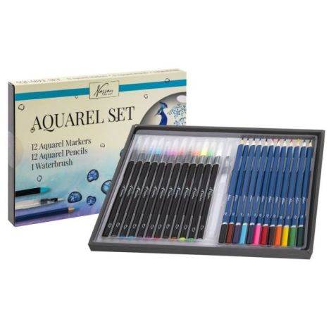 Set creativ, 12 carioci acuarela, 12 creioane colorate tip acuarela, 1 pensula, Nassau - poza 5