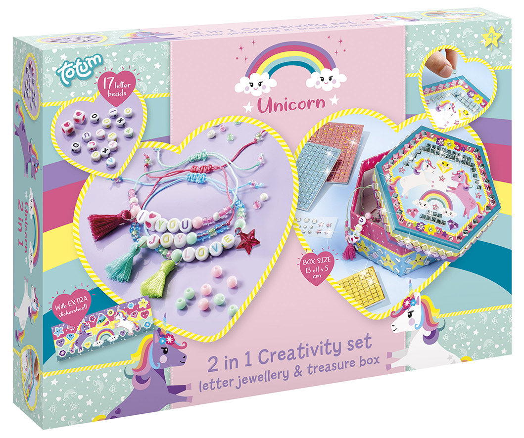 Set creativ 2 in 1, Bratari si cutie de bijuterii cu unicorni