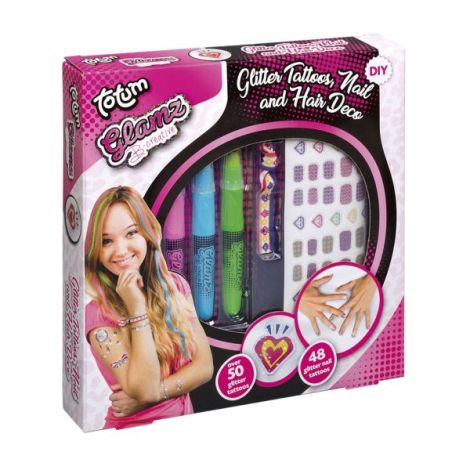 Set creativ 3 in 1, tatuaje cu sclipici, tatuaje cu sclipici pentru unghii si creioane pentru colorarea parului - Fashion Glamz - poza 1