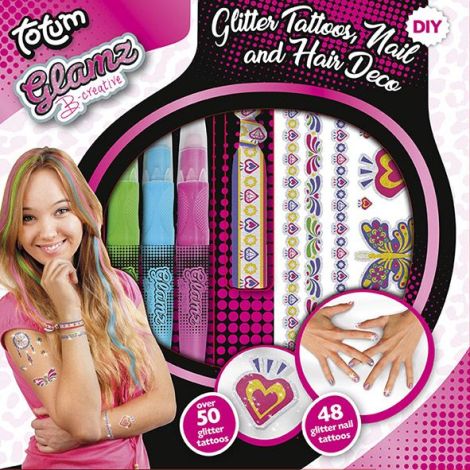 Set creativ 3 in 1, tatuaje cu sclipici, tatuaje cu sclipici pentru unghii si creioane pentru colorarea parului - Fashion Glamz - poza 2