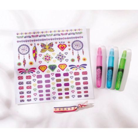 Set creativ 3 in 1, tatuaje cu sclipici, tatuaje cu sclipici pentru unghii si creioane pentru colorarea parului - Fashion Glamz - poza 3