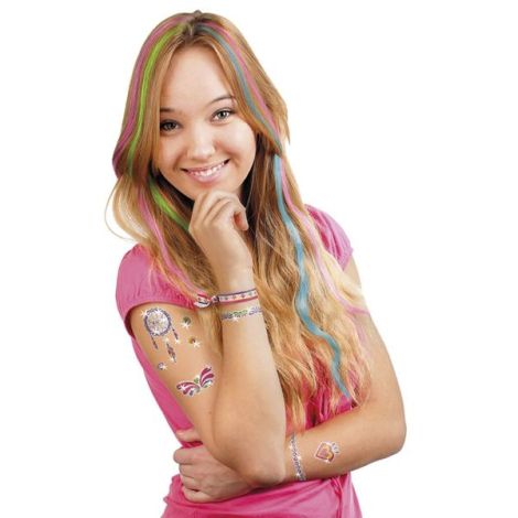 Set creativ 3 in 1, tatuaje cu sclipici, tatuaje cu sclipici pentru unghii si creioane pentru colorarea parului - Fashion Glamz - poza 4
