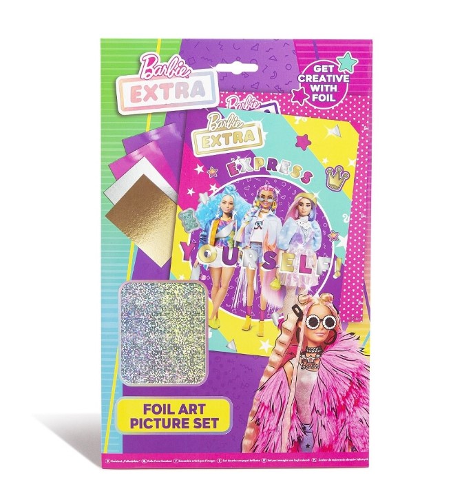 Set creativ Barbie, 2 sabloane si 8 foi cu sclipici