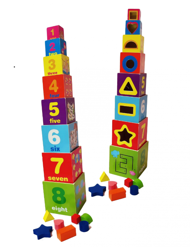 Set cuburi educative din lemn Montessori - blocuri colorate pentru construit, invatare forme si creativitate