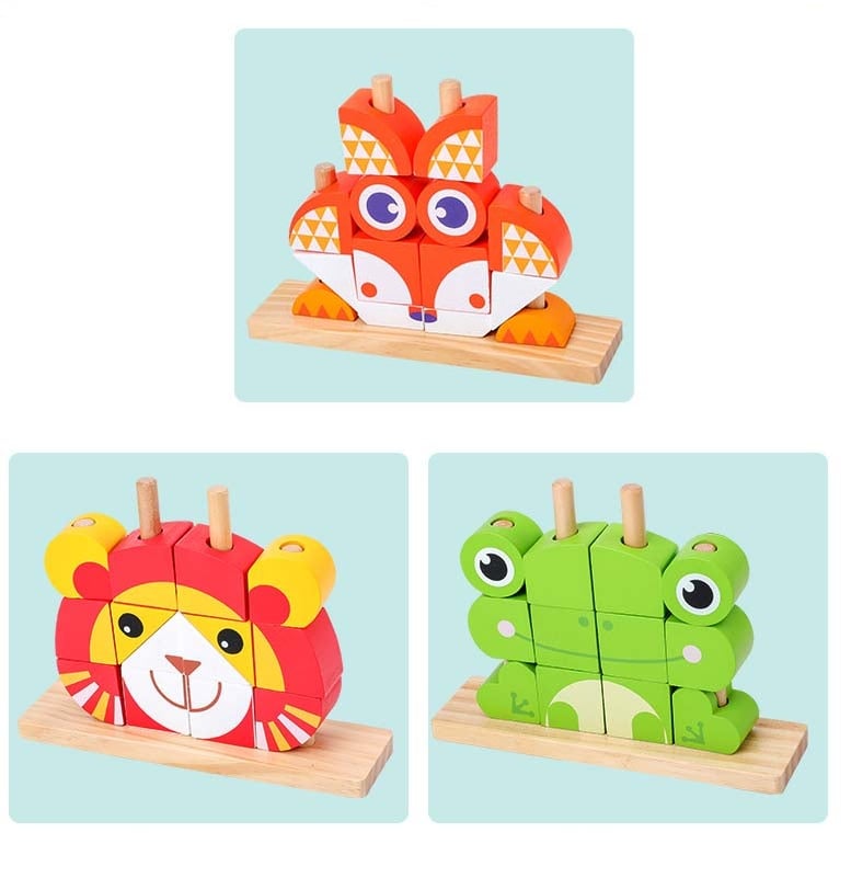 Set cuburi puzzle mari - Leu, Broasca, Vulpe 3 ani+ Vulpe