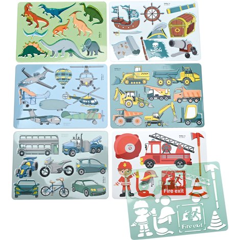 Set de 6 sabloane personaje, vehicule, dinozauri, 27 x 19 cm, ideal gradinite si scoli