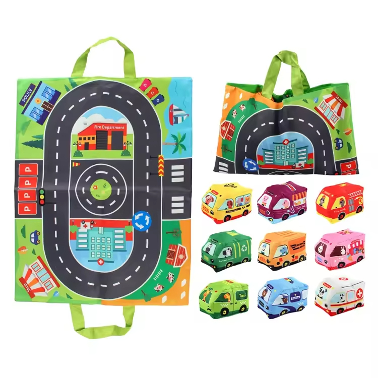 Set de 9 masinute textile pentru bebelusi cu covoras de joaca 31 25 cm