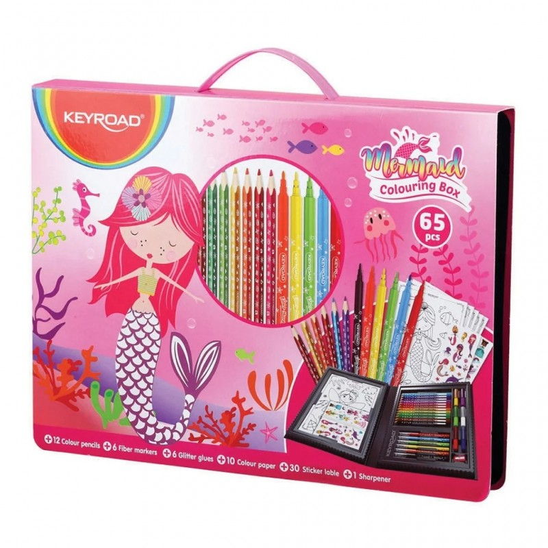 Set de colorat Keyroad Mica Sirena, 65 piese, cu creioane, carioci si stickere