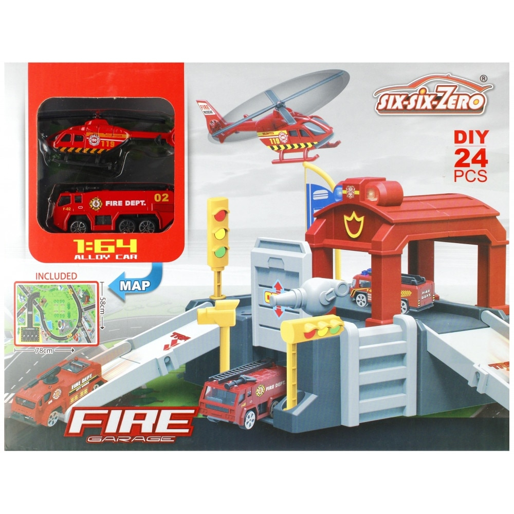 Set de joaca parcare Pompieri cu plansa traseu din plastic inclusa,+3 ani