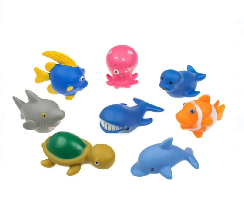 Set de joaca pentru baie Cursa Pestisorilor-8 piese, 9 cm