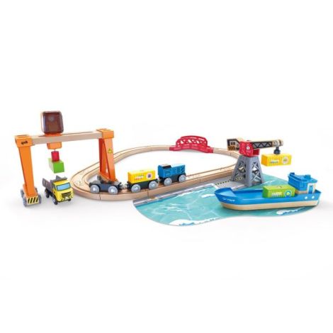 Set de jucarie din lemn - port cu trenuri, vapoare si camioane - poza 1