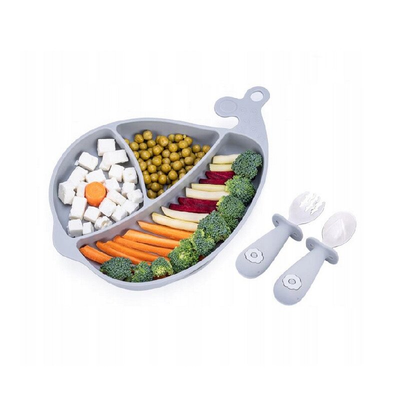Set de masa, Giligums, Balena, Cu farfurie, Cu 2 tacamuri, Din silicon, Fara BPA, 6 luni+, Gri